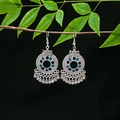 Detailed view of silver ethnic earrings with blue stones and small bell tassels - Silver Blue Bell Tassel(E5002-7)
