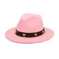 Close-up of pink wool fedora hat with leopard band and gold star metal rivets - M (56-58cm) / Pink