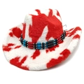 Macro detail of plush cow print cowboy hat with colorful beaded band ornament - M (56-58cm) / Straight Top / Red Cow Print