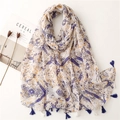 Purple geometric scarf with ethnic prints and dual-color tassels on a white background - Purple Yellow Geometric