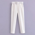 Elegantes pantalones rectos blancos de talle alto con cinturón de hebilla a juego - XS / Blanco