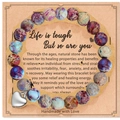8mm Pink Zebra Jasper beaded bracelet with silver heart charm on quote gift card - Imperial Jasper Heart With Card