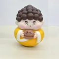 Cute Buddhist monk figurine in yellow robe holding a Kaixin wooden fish ornament - 3070 Happy Figure