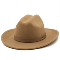 Classic camel wool fedora hat with a flat wide brim and decorative leather band - M (56-58cm) / Camel