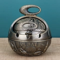 Retro bronze globe ashtray with lid featuring detailed Dubai landmark relief pattern - Bronze Small Dubai