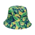 Blue bucket hat with tropical fruit pattern featuring yellow bananas and palm leaves - Deep Blue Tropical Banana Lime Print (B)
