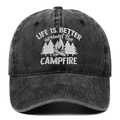 Detail of white campfire embroidery on vintage washed grey cotton baseball cap - Black