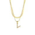 Double-layered gold necklace with flat snake chain and pearl-inlaid letter L pendant - Letter V