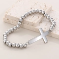 Bracelet à perles argentées avec grand pendentif croix sur socle de pierre - Croix Polie Argent (KB56179-Z)