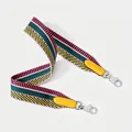 Macro shot of striped woven shoulder strap with leather ends and silver metal lobster clasps - Standard Type / Yellow Webbing with Silver Buckle