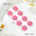 Macro detail of long pink daisy drop earrings with gold chain links and 5.9cm size label - Pink 4-Flower Earrings