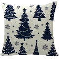 Linen Christmas pillowcase with navy blue stylized trees and snowflakes on cream background - A02