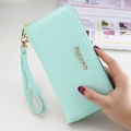 Mint green long wallet for women with cross-grain texture and golden zipper - Sky Blue