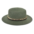 Vue détaillée du chapeau canotier vert foncé avec chaîne en métal doré et ruban tressé - M (56-58cm) / Vert Foncé