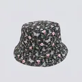 Close-up of a floral bucket hat featuring pink flowers and blue butterfly prints - M (56-58cm) / Black Pink Flower Butterfly (4#)