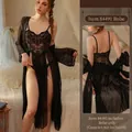 Lace sheer long nightgown in black variant featuring floral mesh and matching belt - One Size / Tops / Separate Robe / Black