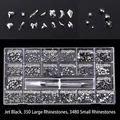 Black mineral glass nail art rhinestones set with 21 compartments and wax pen tool - Mineral Black (350 Big, 3480 Small)