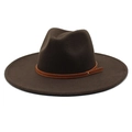 Detail of dark brown wool fedora with wide brim and elegant leather strap buckle - M (56-58cm) / Brown