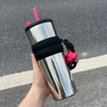 Silver stainless steel tumbler with black rubber grip and pink straw cloud charm - Steel Silver With Pendant