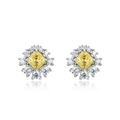 Square yellow gemstone stud earrings with silver pavé halo on a white background - 925 Silver / Thick Silver White Gold