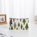Large capacity canvas makeup bag with tree pattern and brown leather zipper pull - Green Tree (No Label) / Large