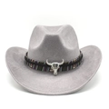 Detail of grey suede cowboy hat featuring tribal pattern band and silver bull skull ornament - M (56-59cm) / Light Grey Suede