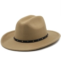 Detail of camel wool fedora with black leather band and antique metal rivets - M (56-58cm) / Camel