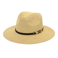 Classic wide brim straw Panama sun hat with black leather band and gold metal buckle - M (56-58cm) / Beige