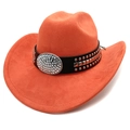 Detail of orange suede cowboy hat with black studded band and rhinestone centerpiece - M (56-58cm) / Orange