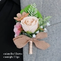 Hochzeitsanstecker mit Champagner-Rose, rosa Blüten, grünen Blättern und Leinenschleife - Champagner