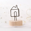 Vintage wooden card holder with bronze house-shaped wire clip for desk decoration - House