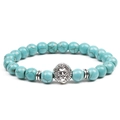 Sky blue beaded bracelet with silver lion head charm and brown veined turquoise texture - Blue Turquoise + Silver