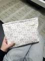 White canvas cosmetic bag with pink bow pattern and original label on fabric - Large White Small Bow