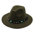 Detailed view of olive green fedora hat with turquoise stone and silver studs on leather band - M (56-58cm) / Army Green