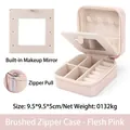 Pink PU leather jewelry travel case with zipper, mirror, and functional partitions - Nude Pink (Mirrored Brushed) / With Mirror / Flesh Pink
