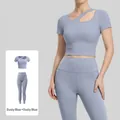 Set da yoga due pezzi da donna blu lago grigio con crop top e leggings a vita alta - Blu Lago Grigio + Blu Lago Grigio