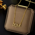 Golden titanium steel necklace with dancing stone love heart pendant on jewelry box - Floating LOVE Style (8998) / Gold