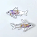 Mini shark shaped transparent pendant with purple dried flowers and gold foil accents - Purple Shark