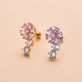 Detailed shot of gold and silver flower stud earrings with pink zircon and screw ball backs - 8# Pink Flower-Silver