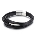 Men's multi-layer black braided leather bracelet with silver polished metal magnetic clasp - Multilayer Polished Magnetic Style(KB136194-QM)