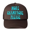 Brown trucker hat with blue More Champagne Please print and breathable mesh back - Coffee
