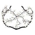 Detail of handcrafted black mesh headband adorned with white pearls in a branch design - White