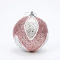 Pink 8cm Christmas ball ornament with silver glitter leaf pattern and hanging string - Diameter 8cm / Pink
