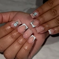 Square press-on nails with nude pink base, white French tips, and blue rhinestone flowers - Bz1440 Star-shaped Diamonds / Jelly Glue + Nail File