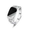 Classic silver stainless steel square ring for men with black enamel and zircon inlay - US 7 / Silver