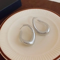 Macro detail of silver liquid-style metallic earrings on a white ceramic plate - 24# Silver Earring Post - Silver - Liquid Metal Oval