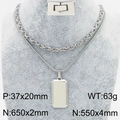 Polished silver stainless steel double layered necklace with rectangle dog tag pendant - Silver (KN283139-KFC)