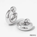 Detail view of silver hollow curved earrings with spherical backings on white backdrop - Silver (PDE1912)