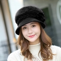Women's black rabbit fur knit beanie with pearl flower detail and cable knit design - One Size / Black (Mink Flower Style)