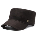 Men's dark brown flat top army cap with twill cotton fabric and gold metal logo - Adjustable / Coffee